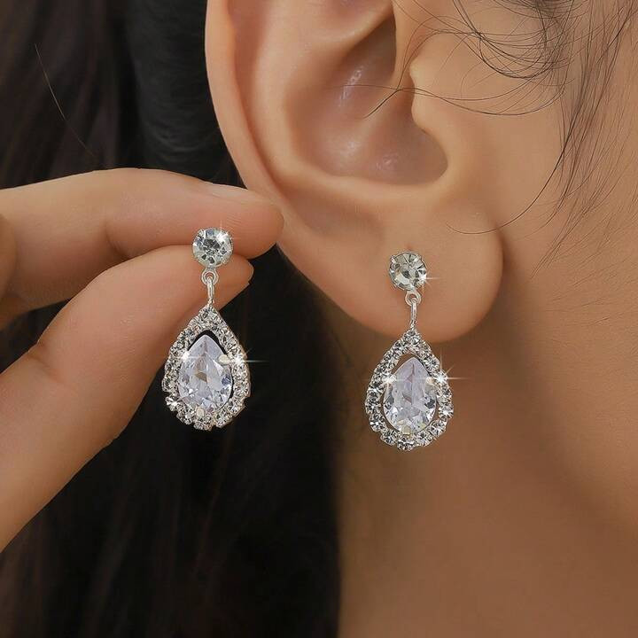 1pair Fashionable Versatile Rhinestone & Crystal & Cubic Zirconia Teardrop Dangle Earrings, Great... | SHEIN