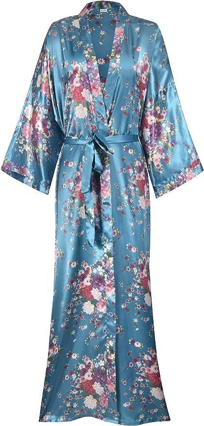 Women's Long Kimono Robes Silky Floral Bathrobe with Blossoms Printed Bridesmaid Wedding Nightgow... | Amazon (US)