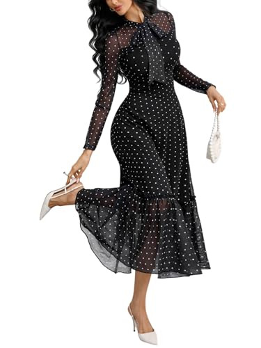 GothDark Polka dot Dress for Women Tie Neck Bow Ruffle Fall Vintage Dress | Amazon (US)