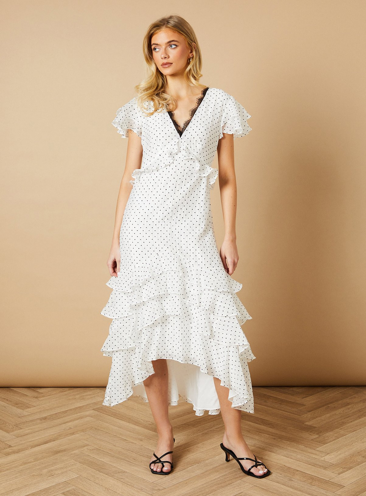 White OASIS Spot Ruffle Tiered Lace Midi Dress | Tu Clothing