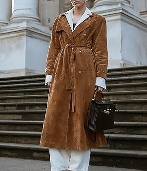 utcoco Womens Faux Suede Long Trench Coat Notched Lapel Double Breasted Pea Coat Overcoat with Be... | Amazon (US)