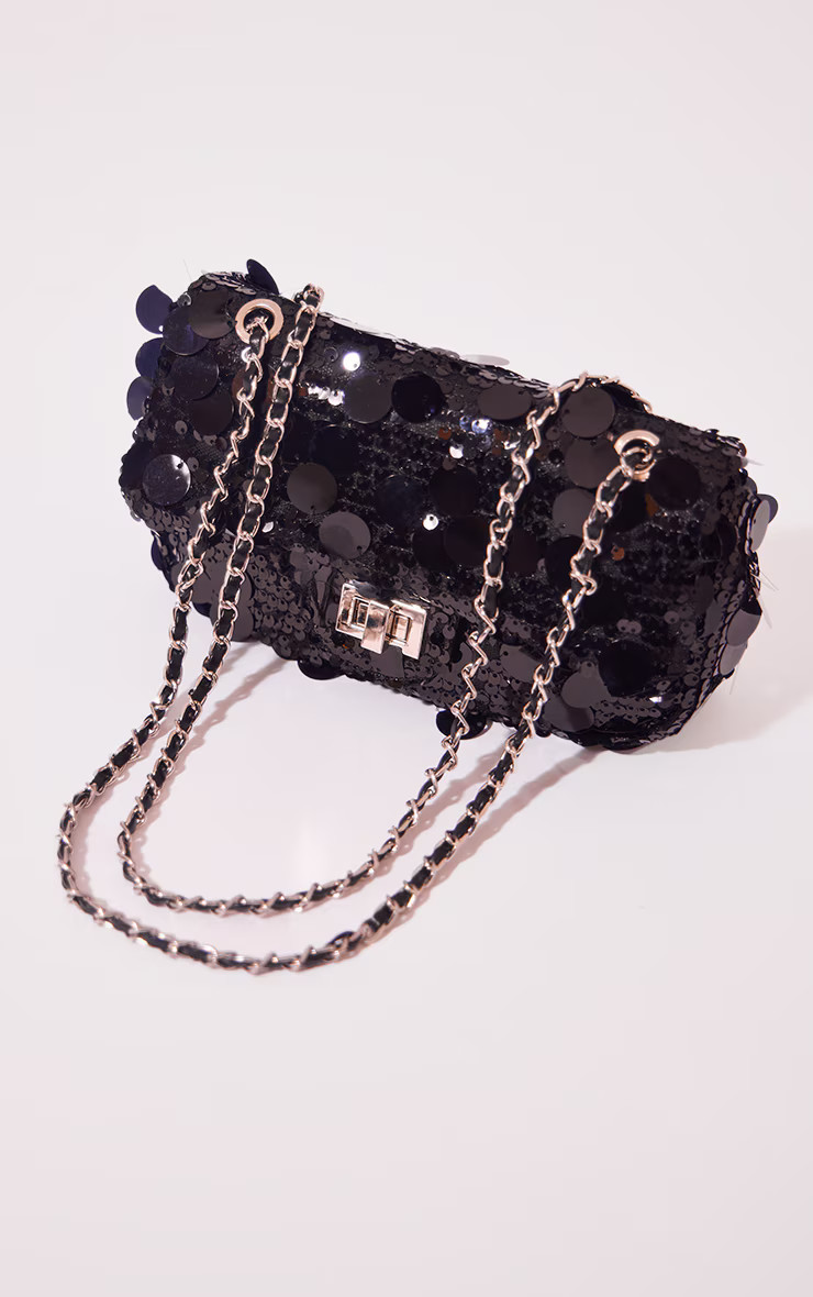 Black Large Sequin Flap Over Cross Body Shoulder Bag | PrettyLittleThing UK