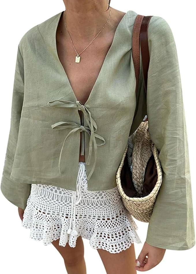 Bow Tie Front Tops for Women V Neck Linen Lace Up Shirts Casual Long Flare Sleeve Blouese Summer ... | Amazon (US)