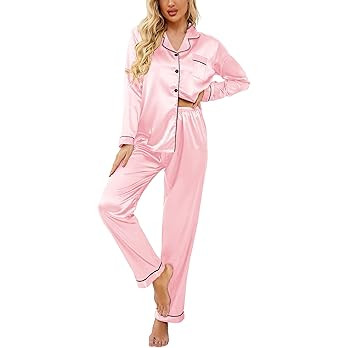 Ekouaer Women's Classic Button Down Long Satin Silk Pajama Set | Amazon (US)