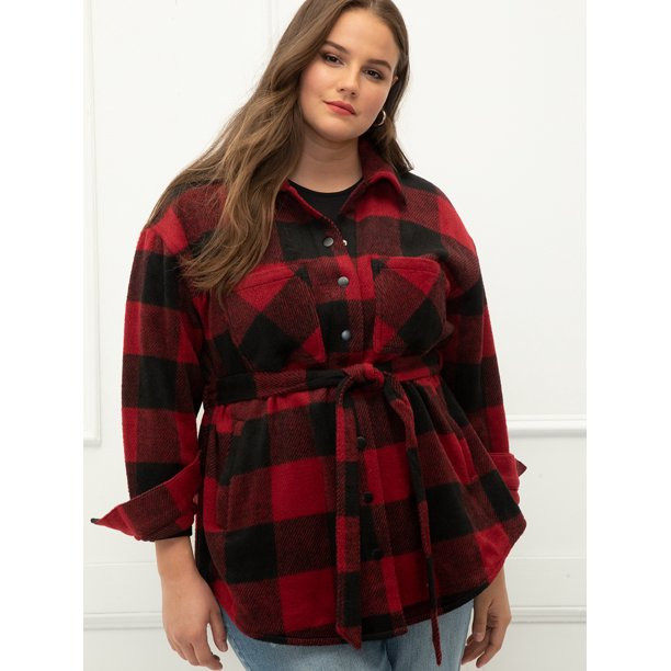 ELOQUII Elements Plus Size Buffalo Plaid Belted Shacket - Walmart.com | Walmart (US)
