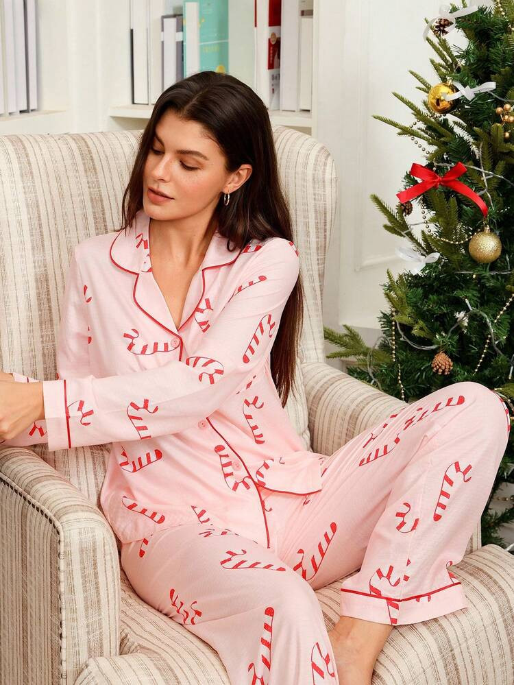 Christmas Candy Cane Print Women Holiday Pink Christmas Pajama Set, Cozy And Elegant, Fall Winter... | SHEIN