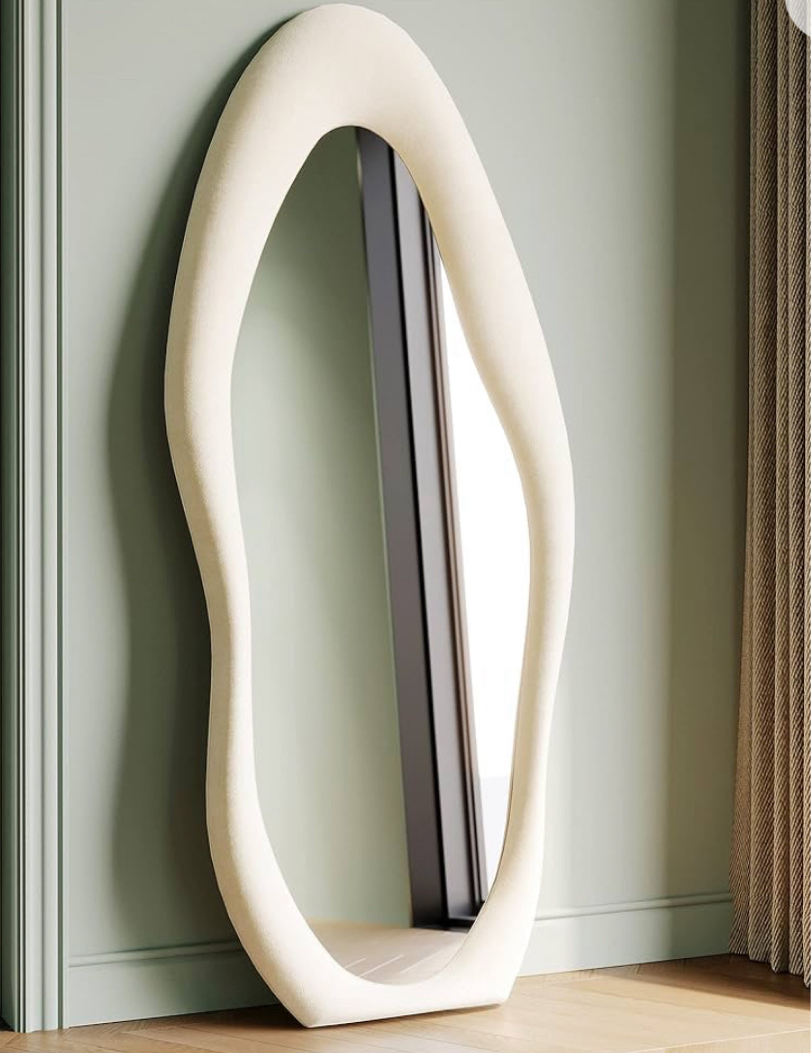Amazon Honyee Full Length Mirror, 63" x 24" Wall Mirror, Flannel Wrapped Wooden Frame Full Body Mirror, Irregular Wavy Mirror Hanging or Leaning Against Wall for Cloakroom/Bedroom/Living Room, White 

#LTKhome #LTKsalealert #LTKMostLoved