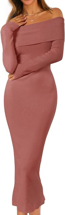 MEROKEETY Women's Fall Off Shoulder Long Sleeve Bodycon Midi Sweater Dress | Amazon (US)