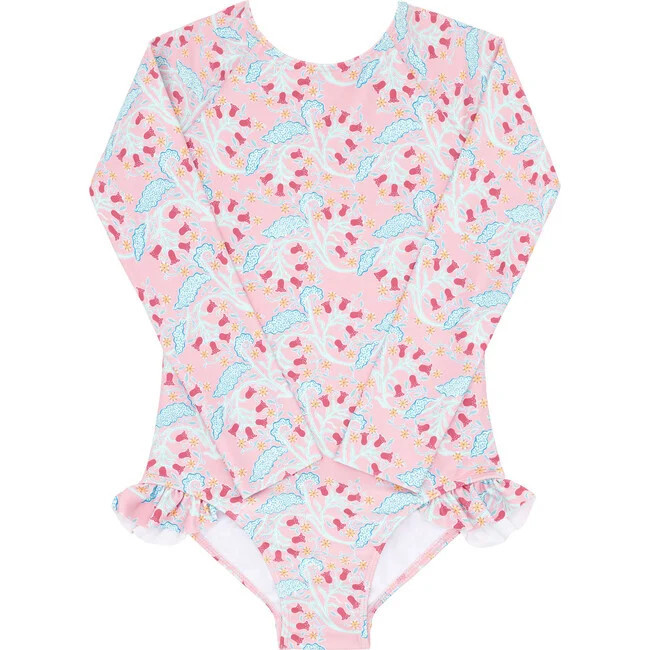 Minnow | Bluebells Print Long Sleeve Ribbon Back Tie Rashguard One-Piece, (Pink, Size 9-10Y) | Maisonette | Maisonette