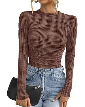 PRETTYGARDEN Womens Tops 2026 Spring Long Sleeve Fitted T Shirts Waffle Ruched Crop Shirt Basic K... | Amazon (US)