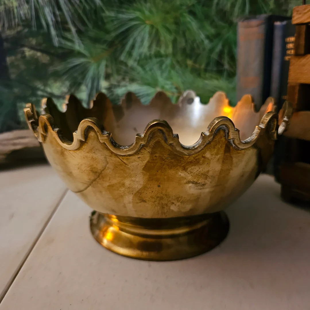 8 Inch Heavy Brass Crown Bowl With Pedestal Base Vintage 1970s Brass Home Decor Made in India 388... | Etsy (US)