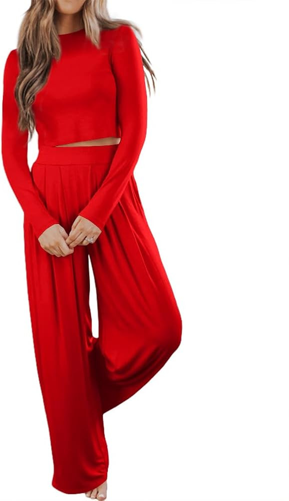 Ezbelle womenss Fall Fashion Lounge Sets Pajama Two Piece Cropped Pullover Jammies Outfits Casual... | Amazon (US)