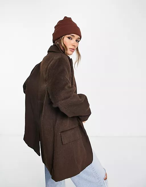 ASOS DESIGN smart oversized grandad wool mix blazer jacket in chocolate | ASOS (Global)