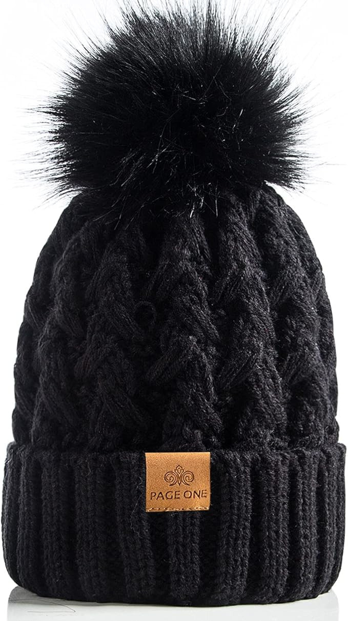 PAGE ONE Womens Winter Ribbed Beanie Crossed Cap Chunky Cable Knit Pompom Soft Warm Hat | Amazon (US)