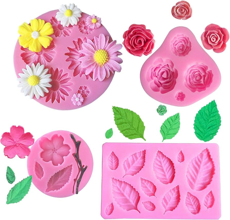 Flower Fondant Cake Molds, 4Pcs Mini Flower Silicone Molds Roses Flower, Daisy Flower，Peach Flo... | Amazon (US)