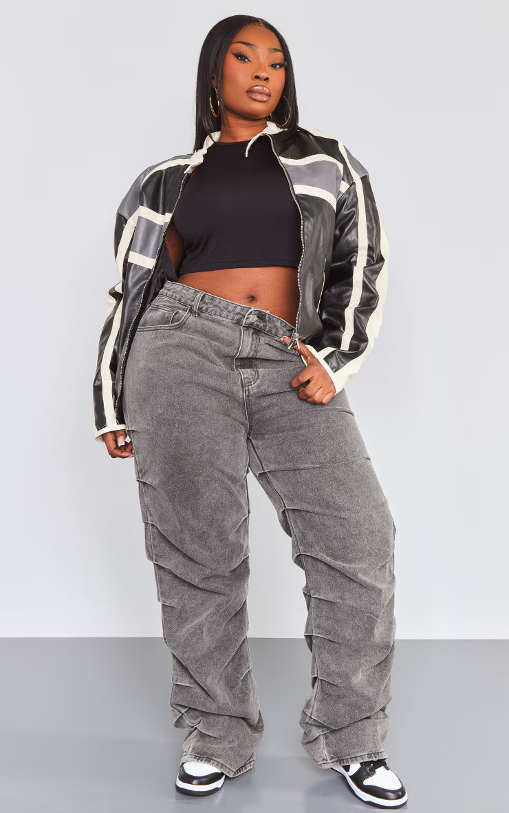 Plus Washed Grey Ruched Straight Leg Denim Jeans | PrettyLittleThing US