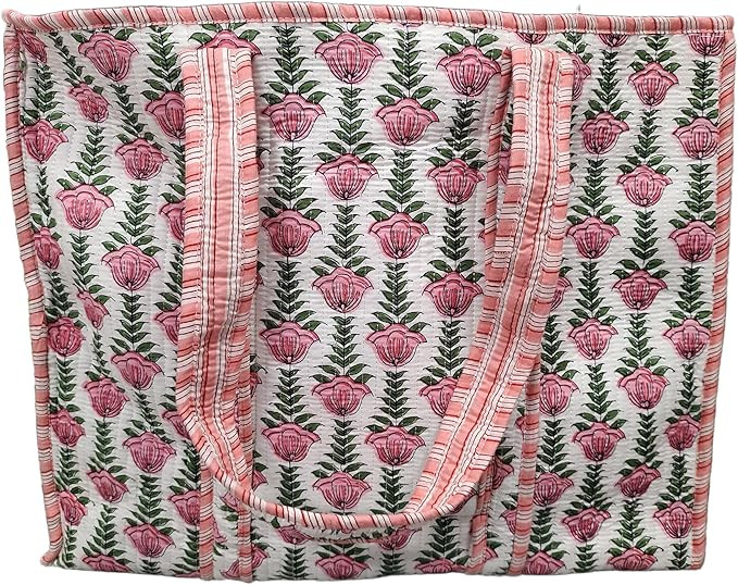 Cotton Floral Block Print Tote Bag Handmade Indian Shoulder Bag, Qiulted Market Shopping Bag | Amazon (US)