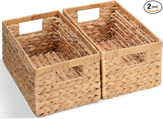Set of 2 Wicker Shelf Storage Baskets for Organizing - Natural Durable Water Hyacinth Woven Baske... | Amazon (US)