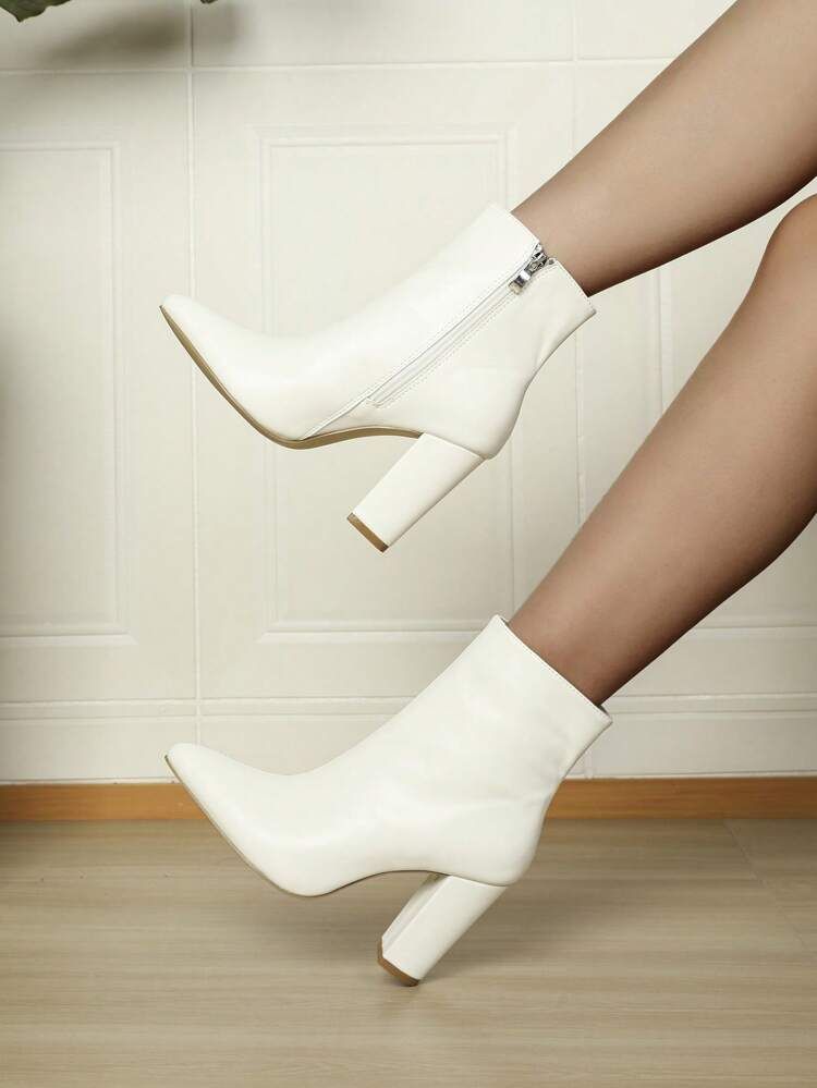 Elegant Beige Boots For Women, Minimalist Side Zipper Point Toe Chunky Heeled Classic Boots | SHEIN