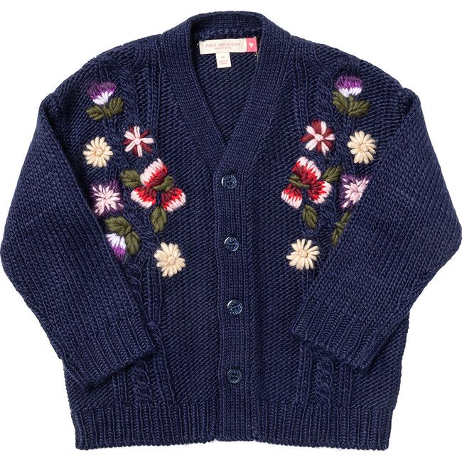 Girls Grandpa Sweater, Navy Floral Embroidery | Maisonette