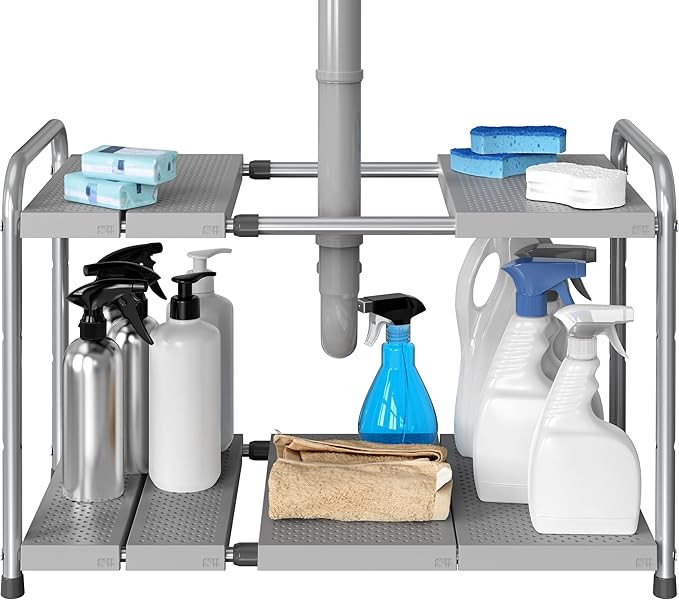 Simple Houseware Under Sink 2-Tier Heavy Duty Expandable Rack Organizer, Adjustable Width 15.75... | Amazon (US)