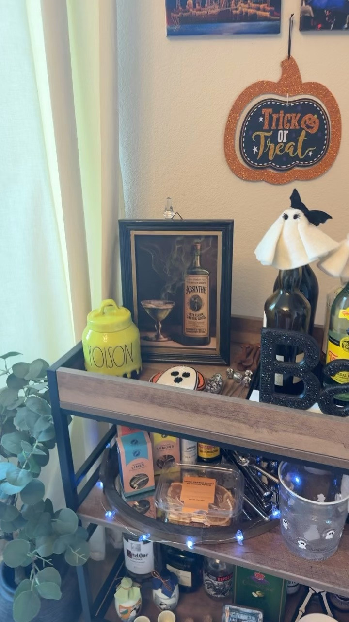 Halloween bar cart and video 2 of
my Halloween home decor tour 

#halloweendecor #halloween #halloweenhomedecor #raedunnhalloween #farmhousehalloween #targethalloween #potterybarnhalloween #amazonhalloween #halloween2026 #raedunnhalloween #raedunn

#LTKSeasonal #LTKHome #LTKfoodie