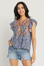 THML Embroidered Floral Print Flutter Sleeve Swing Top | Social Threads