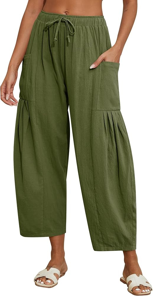 Women Linen Pants Wide Leg Boho Pants Loose Lightweigt Beach Palazzo Harem Pants with Pockets | Amazon (US)