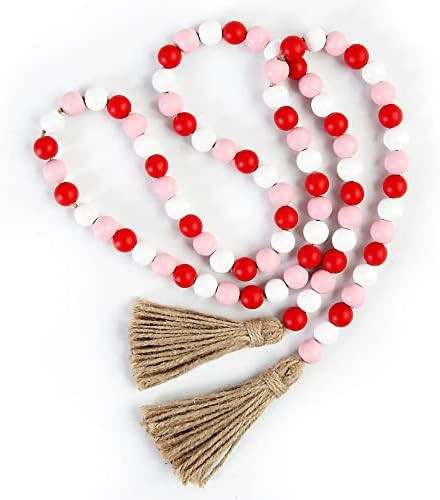 BlueMake Valentine's Day Wood Bead Garland with Tassel,Rustic Wooden Bead Decor Farmhouse Beads Big  | Amazon (US)