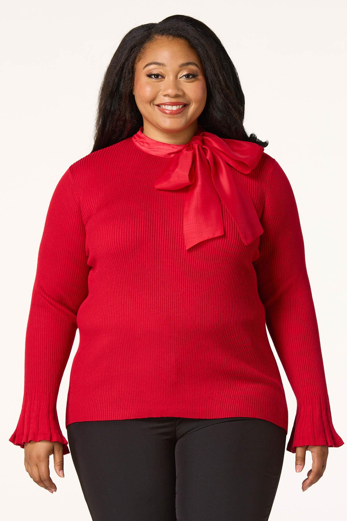 Plus Size Ribbed Bow Neck Sweater | Cato Fashions