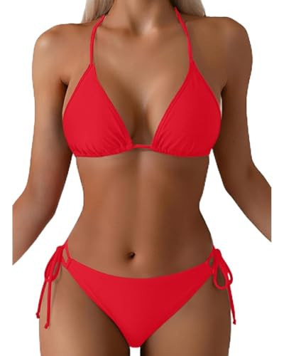 Tempt Me Women Red Triangle Bikini Sets Halter Two Piece Sexy Swimsuit String Tie Side Bathing Suit S | Amazon (US)