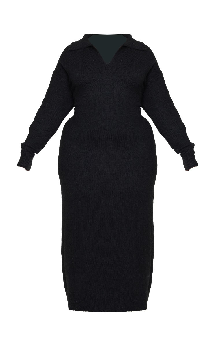 Plus Black Collar Detail Cosy Knitted Midaxi Dress | PrettyLittleThing UK