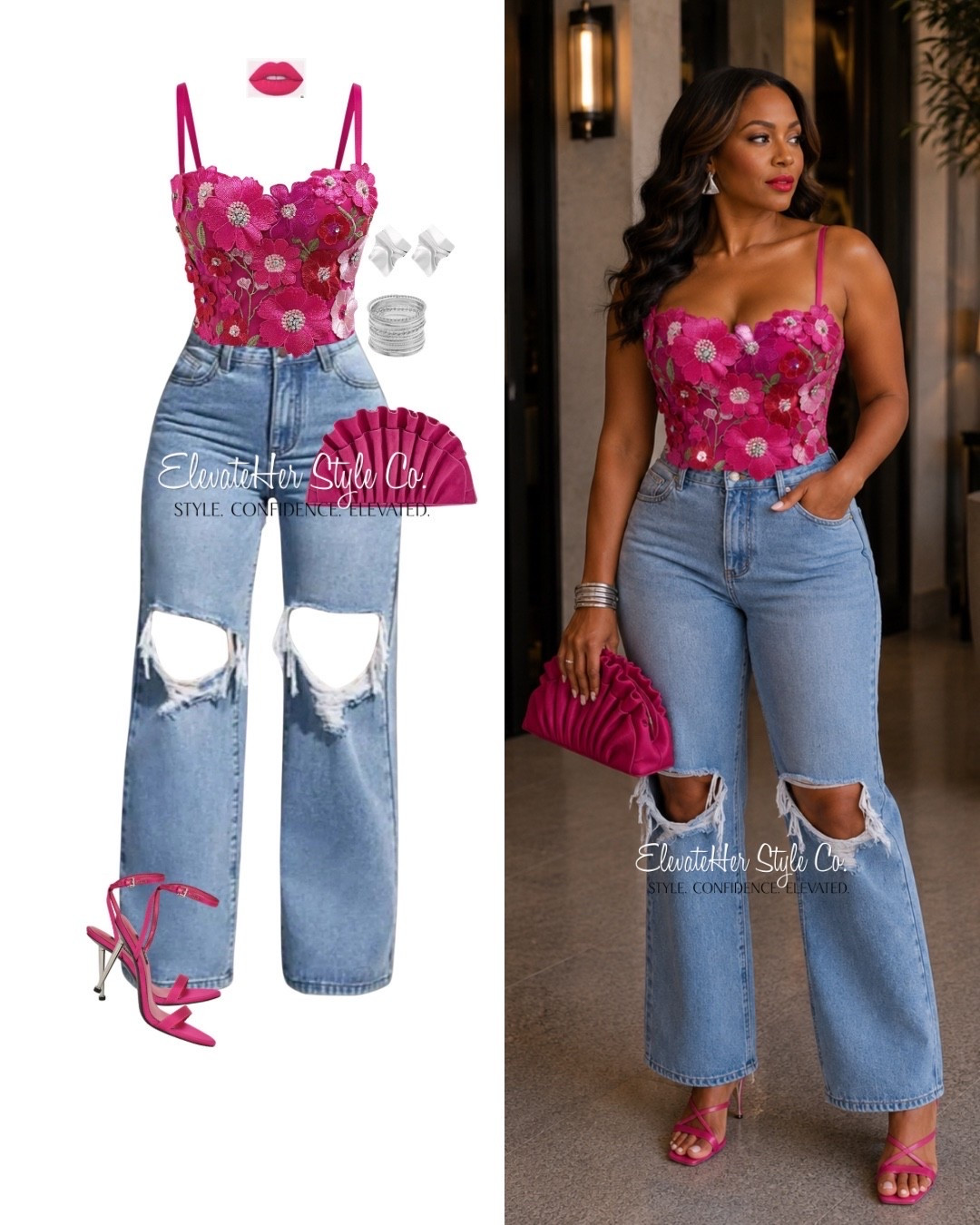 This 3D floral bustier is the whole moment, so everything else just supports it. The structured corset shape gives you definition and lifts everything where you want it. High-waisted wide-leg jeans balance the fitted top and keep you long and lean. Match your pink across the clutch and heels so the color feels styled, not random, then let silver jewelry cool it down so it does not get too sweet. One bold piece, everything else in service of it.

#LTKgrwm #LTKPetite #LTKdayinmylife