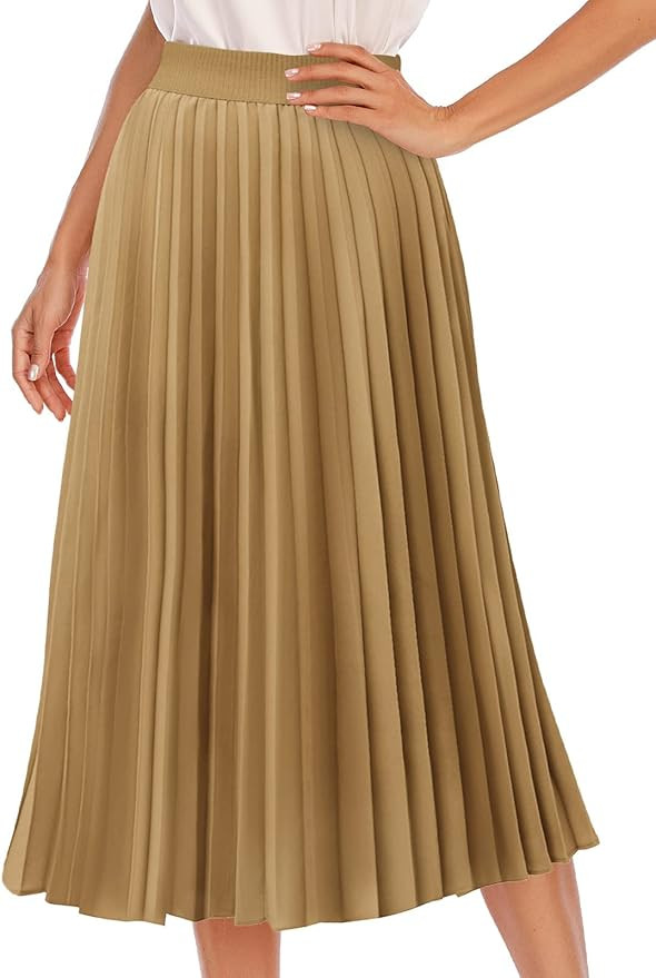 DRESSTELLS Pleated Midi Skirts for Women Long Aline Elastic High Waisted Chiffon Skirt | Amazon (US)
