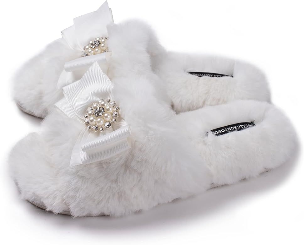 Pretty You London Faux Fur Bow Slippers with Rhinestones - Open Toe House Slides in Black (sizes ... | Amazon (US)