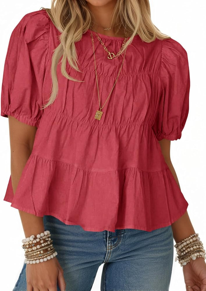 Tankaneo Womens Puff Sleeve Peplum Babydoll Tops Summer Smoked Pleated Cotton T-Shirts Casual Loo... | Amazon (US)
