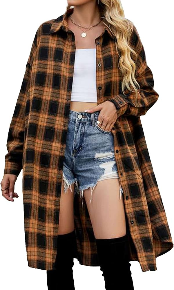 Blooming Jelly Women's Button Down Flannel Shirts Plaid Shacket Long Sleeve Collared Long Jacket ... | Amazon (US)