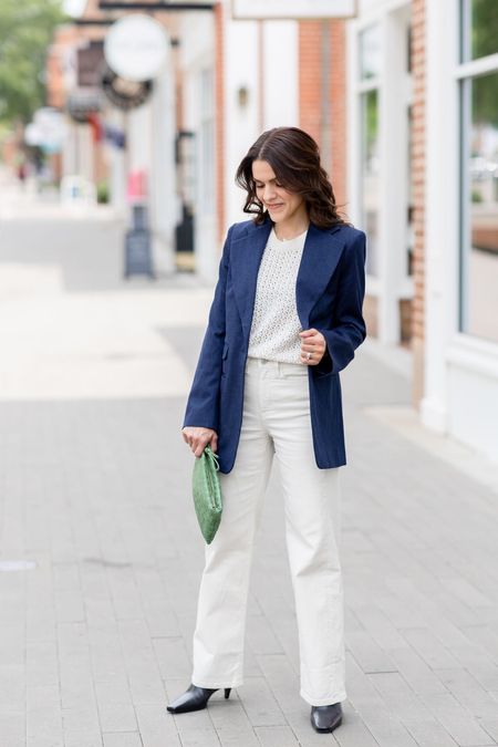 Ways to wear a navy suit blazer jacket | knit crochet sweater tank, wide leg white jeans, ankle boots, woven crossbody bag. See more ways to style capsule items on thesarahstories.com ✨ Spring outfit idea, workwear 

#LTKstyletip #LTKFind #LTKworkwear