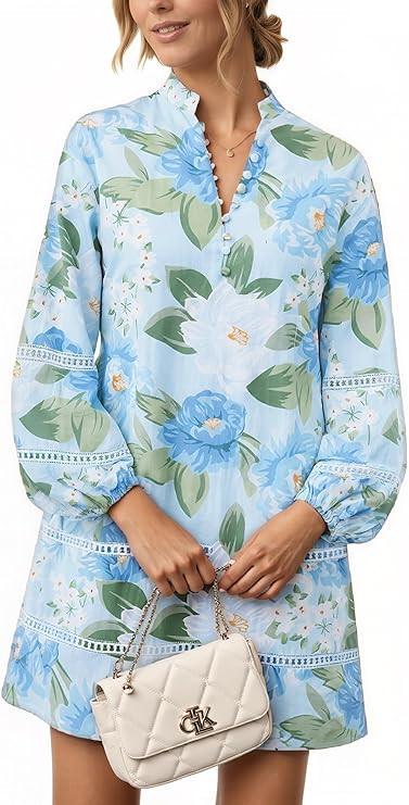 Women Floral Mini Dress Puff Long Sleeve Stand Collar Casual A Line Shift Short Dress | Amazon (US)