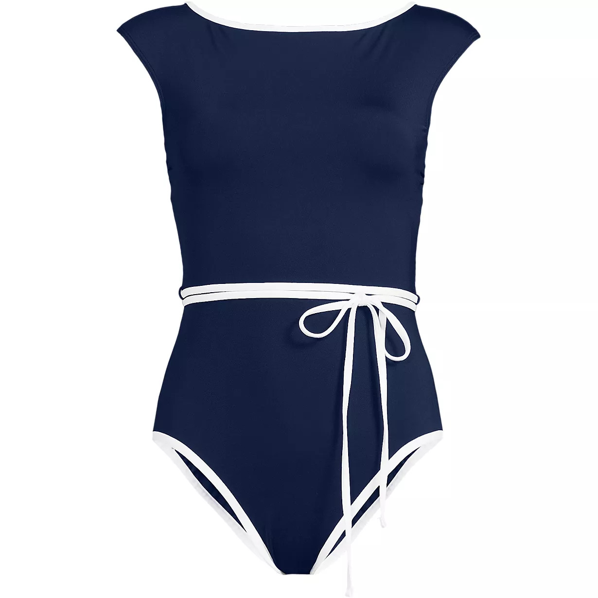 Women's High Neck Cap Sleeve Tie Belt One Piece Swimsuit | Lands' End (US)