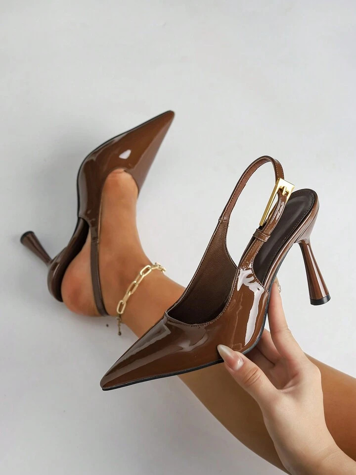 Women's High Heel Pointy Toe Fashion Ornament Patent Leather Backstrap Pumps | SHEIN