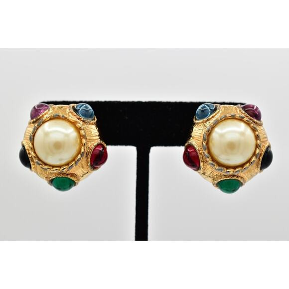 Blanca Vintage Cabochon Clip Earrings Pearl Gold Tone Chunky Signed 1980s BnS | Poshmark
