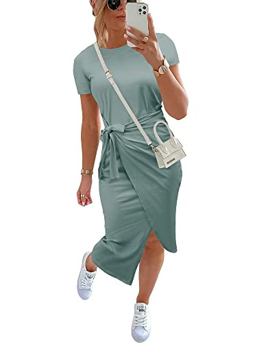 Amazon.com: NOLLSOM Women Casual Sleeveless Striped Tank Midi Dresses Halter Neck Ruched Bodycon ... | Amazon (US)