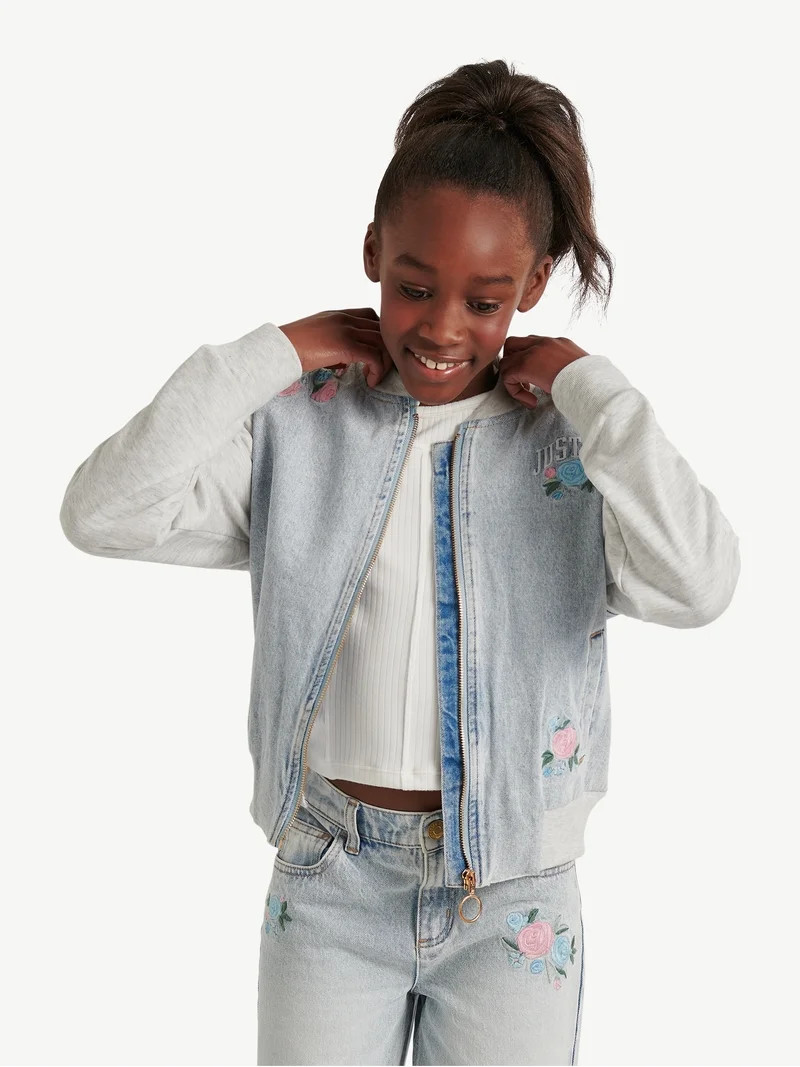 Justice Girls Denim Embroidered Bomber Jacket, Sizes XS - XLP | Walmart (US)