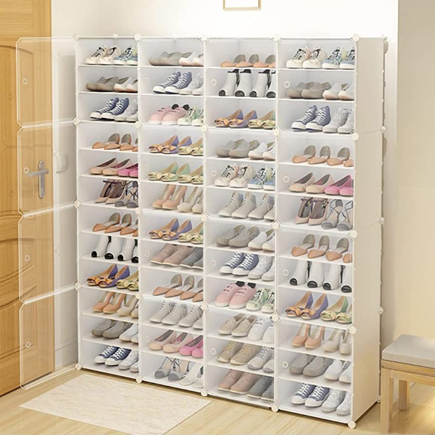 DNYSYSJ Shoe Rack Organizer, 12-Tiers Stackable 96 Pairs DIY Shoe Storage Cabinets Stand, Clear P... | Amazon (US)