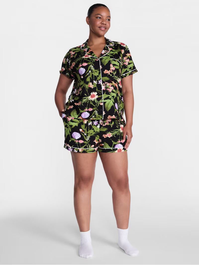 Joyspun Women's Dreamy Soft Collection Notch Collar Top and Shorts Pajama Set, 2-Piece, Sizes XS-... | Walmart (US)