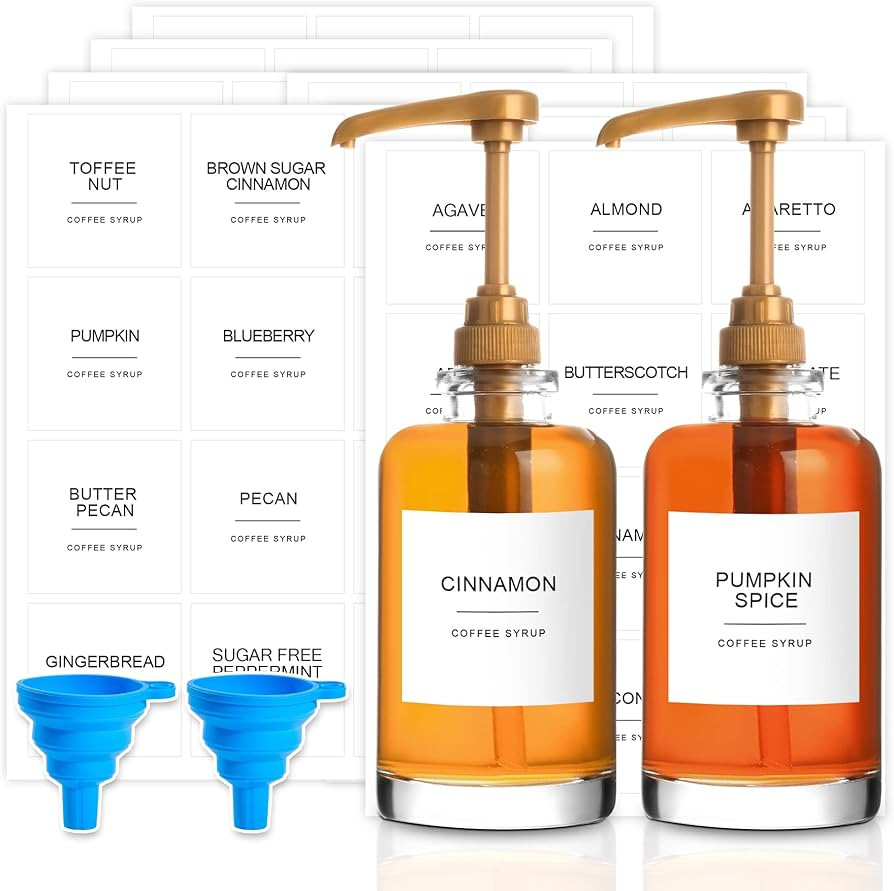 mustry Coffee Syrup Dispenser Bottle with Labels 1/4 oz Glass Syrup Pump Dispenser Bottle with 84 La | Amazon (US)