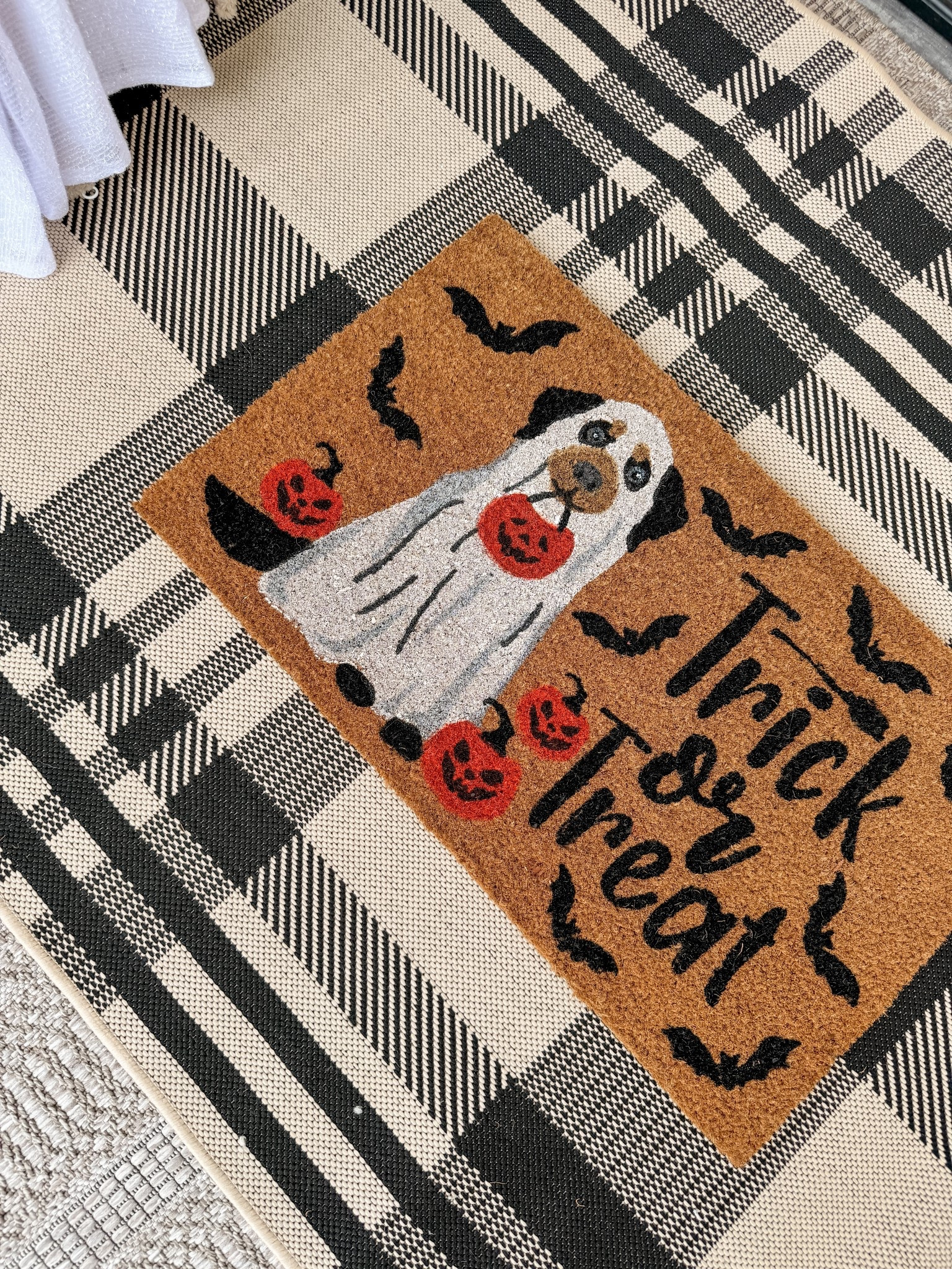 Love this plaid rug from Amazon. This is my third year using it as a porch layering piece. Then this adorable front door mat is from Lowe's. Fall front porch. Halloween.

#LTKStyleTip #LTKHome #LTKSeasonal