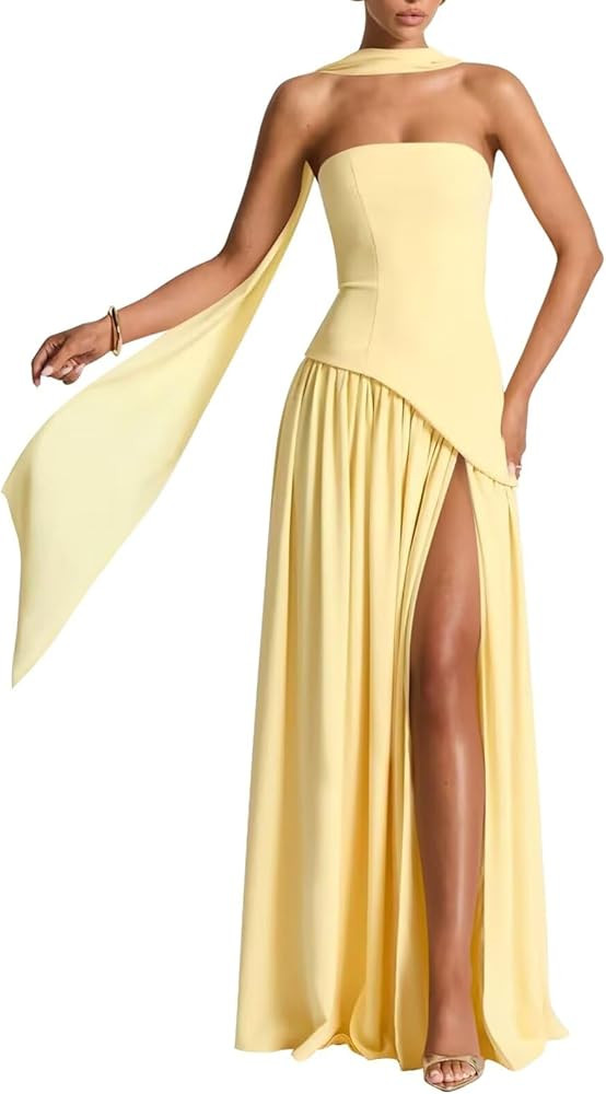 Strapless Bridesmaid Dress with Scarf Chiffon Long Corset Prom Dresses Evening Dress | Amazon (US)