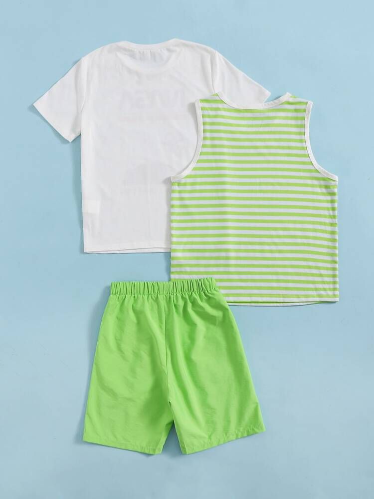 SHEIN Boys Letter Graphic Tee & Shorts Set With Striped Tank Top | SHEIN